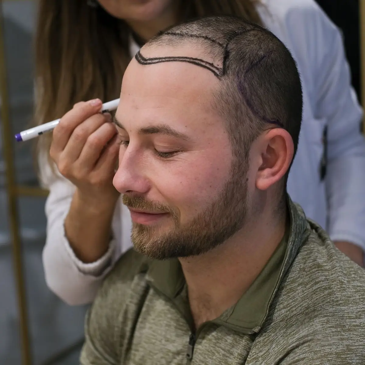 A man having his new hairline drawn on before an FUE hair transplant